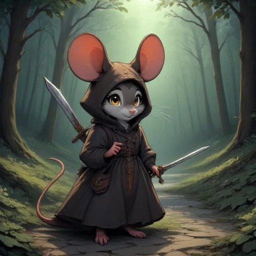 A male mouse wearing a warlock robe holding a sword in the forest