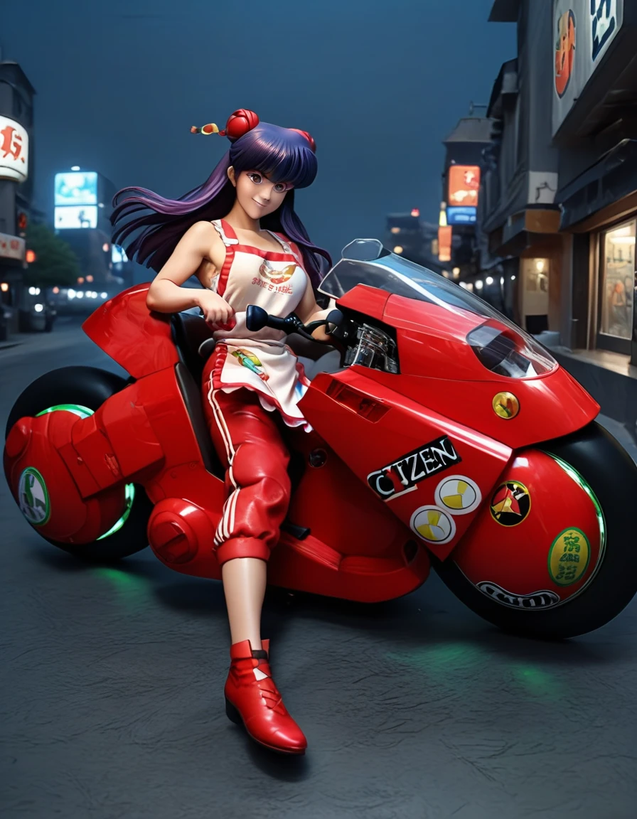 score_9, score_8_up, score_7_up, source_real, realistic, photorealistic, BREAK
,KanedaBike_Akira, motorcycle, motor vehicle, ground vehicle, 1girl, female focus, solo, on motorcycle, long hair, black hair, smoke from tire, cyberpunk, city, night, neon,
shampoo (ranma 1/2), purple hair, long hair, apron, red footwear, red eyes, hair bun, hair bell, hair ornament, double bun, bell, capri pants, red pants, smile,  <lora:BDpony_KanedaBike_Akira_V1-5175:1> <lora:detailed_notrigger:1> <lora:zy_Detailed_Backgrounds_v1:1>