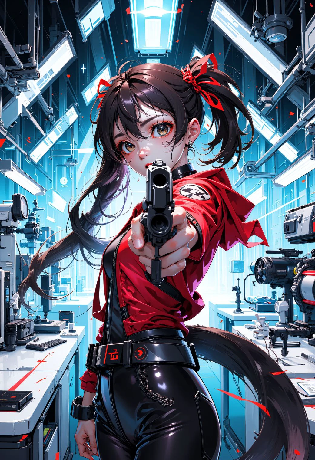 <lora:ck-yoneyama-mai-000017:1>, ck-ym, in the style of ck-ym, drawing, a girl is aiming a gun at the viewer, hi tech cyberpunk laboratory in background