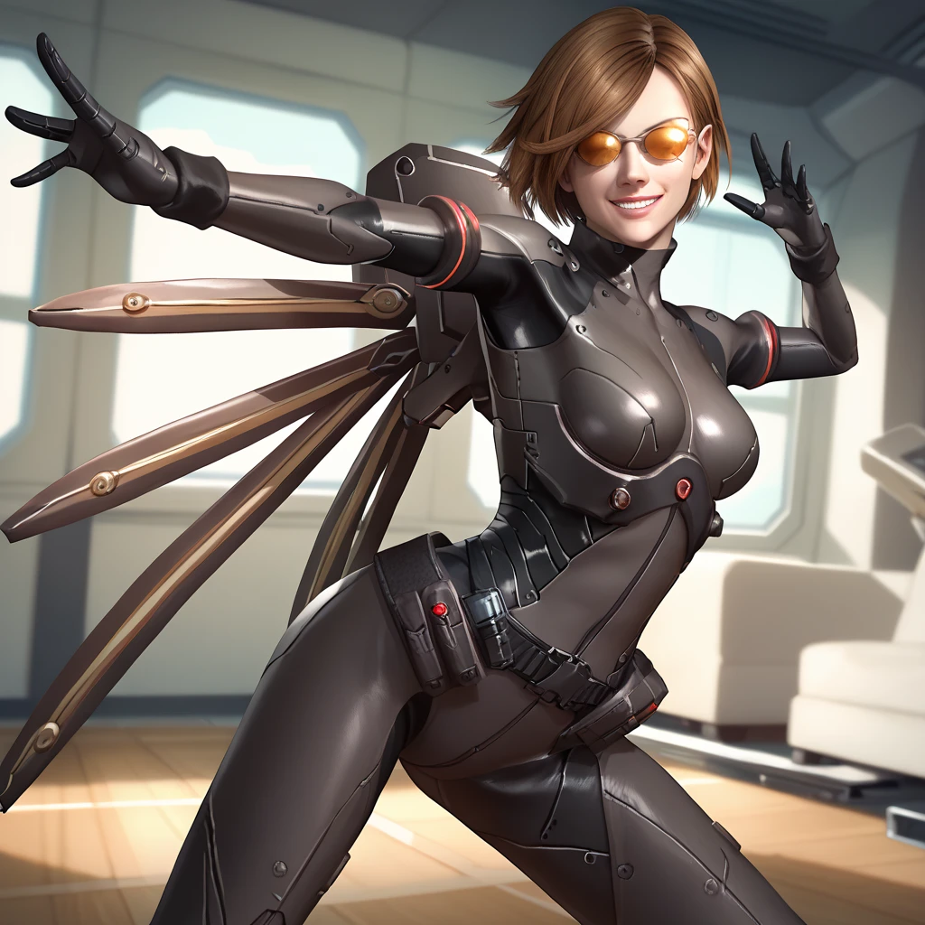 score_9, score_8_up, score_7_up, 1girl, solo, uncensored, vanessaschneider, smile, confident, fighting stance, short brown hair, mechanical wings, black bodysuit, skin tight, science fiction, sunglasses, tinted eyewear, indoors, military base, metal walls, reflective floor <lora:VanessaSchneiderXL_v1.0:1>