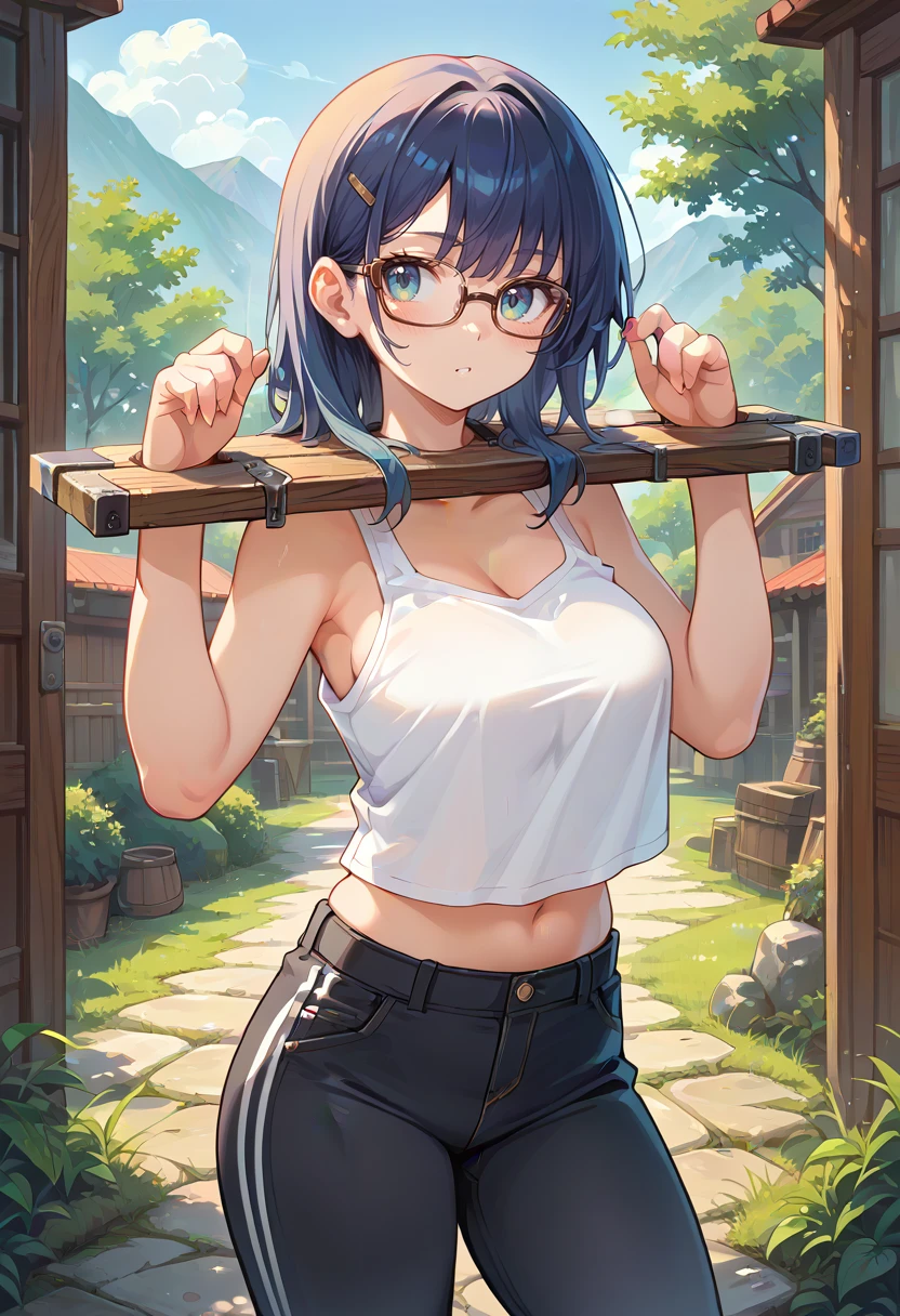 score_9,score_8_up,score_7_up,score_6_up,score_5_up,score_4_up,
1girl, breasts, tank top, pants, glasses,
solo, outdoors, cowboy shot,
pillory,
<lora:pillory:1>