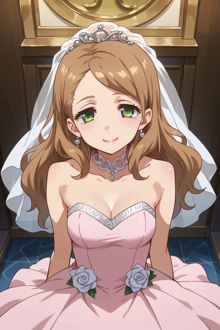 score_9,score_8_up,score_7_up,source_anime,BREAK
1girl, solo,
Kirii Futaba, long hair, brown hair, green eyes,
wedding dress, pink dress, smile