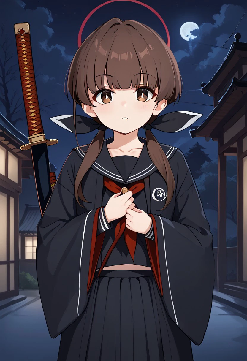 1girl, solo, solo focus, highres, absurdres, Kohane_KV, brown hair, brown eyes, bangs, twintails, low twintails, long hair, halo, hair ribbon, black ribbon,
school uniform, black sailor collar, black serafuku, red neckerchief, pleated skirt, long sleeves, black skirt, wide sleeves, collarbone, black shirt,
looking at viewer, holding sword, katana, unsheathing, holding sheath, 
east asian architecture, night, night sky, dark, backlighting, silhouette,