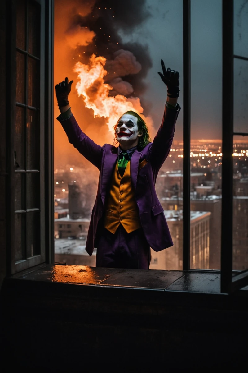 The Joker, a prominent character from the DC Batman universe, is perched on a windowsill with his hands raised in triumph, his gaze fixed on the fiery cityscape below. The scene is bathed in dramatic tones, featuring vivid reds and oranges that contrast against the dark sky. Smoke swirls through the air, adding to the moody atmosphere and ultra-detailed urban environment. This dramatic, nighttime scene showcases powerful contrasts and cinematic lighting, while evoking a surreal and intense emotional vibe.