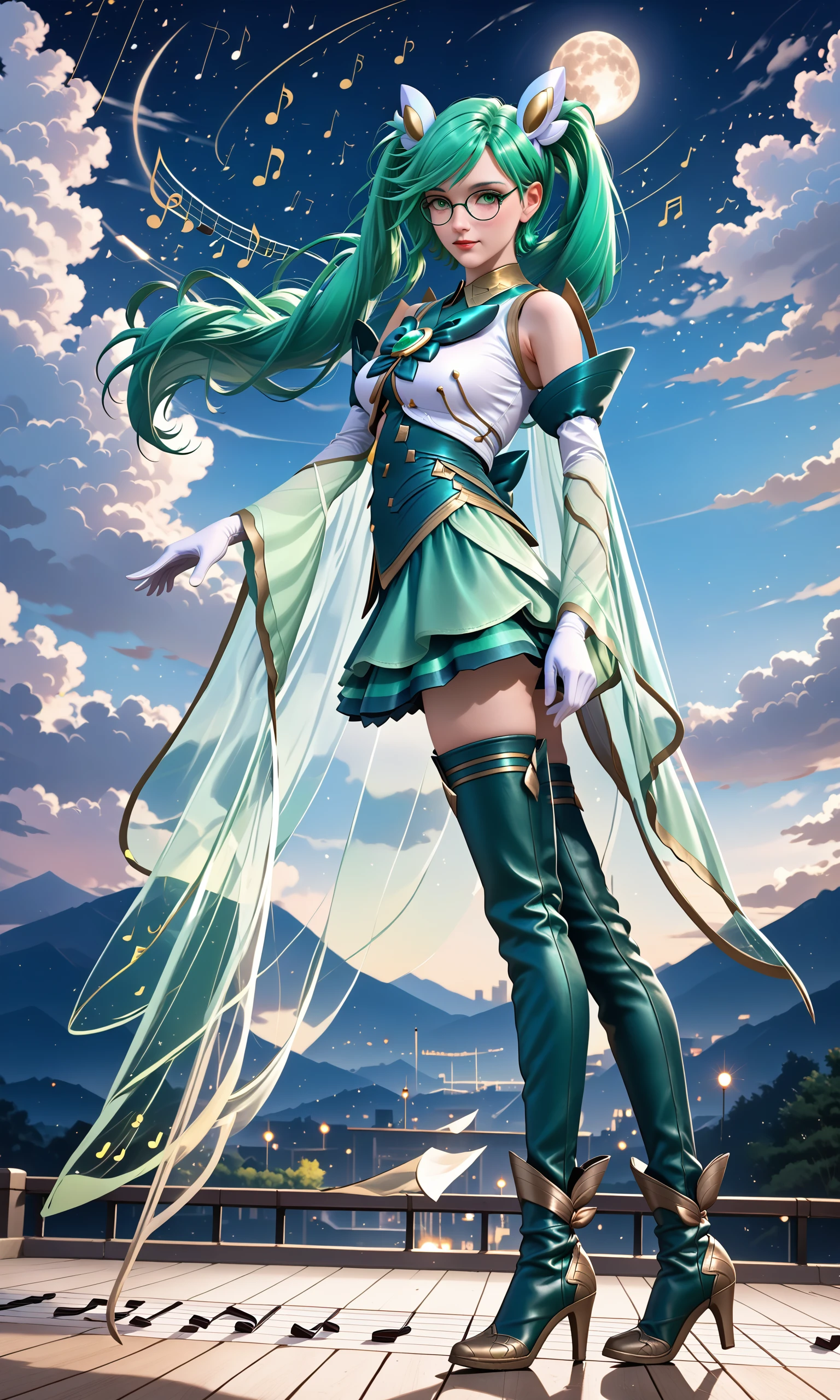 score_9, score_8_up, score_7_up, (1girl), (absurdres, ,highres), (masterpiece, best quality), (perfect details, highest detailed, extreme detailed),
 <lora:SGSonaSDXL:1>, (star guardian sona, thighhighs, green hair, green eyes, long hair,  twintails, (elbow gloves:1.5), hair ornament,  skirt, detached sleeves, glasses, green bow, boots, full body, translucent cape), 
 outdoors, at night, (Musical notes in the sky:1.5),  focused, from the side, moon