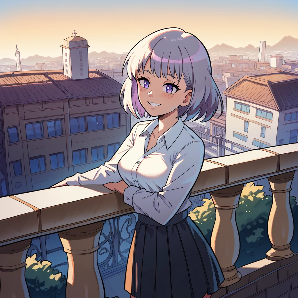 score_9, score_8_up, score_7_up, anime, highres, 1girl, solo, NSFW, short_grey_hair, purple_eyes, medium_breasts, balcony_background, leaning_against_rail, skirt_fluttering, looking_over_shoulder, playful_smile<lora:Harem_Heroes_Character_Models:1.5> hhcstyle <lora:add-detail-xl:1>