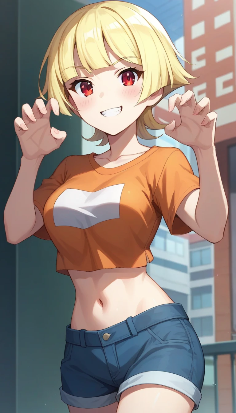 score_9,score_8_up,score_7_up,score_6_up BREAK official art,solo,outdoors,cowboy shot,looking at viewer,facing viewer,frown,evil smile,blush,Emma Hanes,blonde hair,short hair,blunt bangs,red eyes,cat pose,clenched teeth,collarbone,crop top overhang,cropped shirt,t-shirt,orange shirt,short sleeves,medium breasts,navel,blue shorts,short shorts,white socks,sneakers,<lora:Emma Hanes(dgg)-Pony:1.4>,