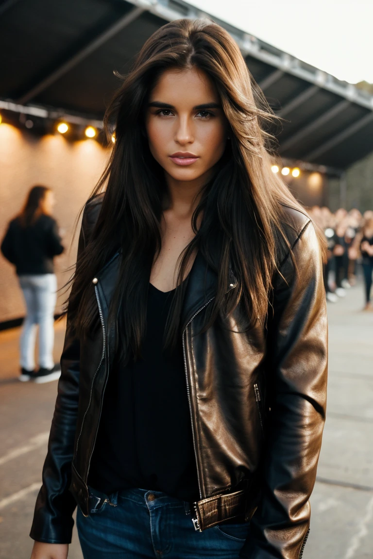 photo of n3ssadev1l, long hair, brown hair, brown eyes, Leather Jacket at Rock Concert, <lora:n3ssadev1l:1>