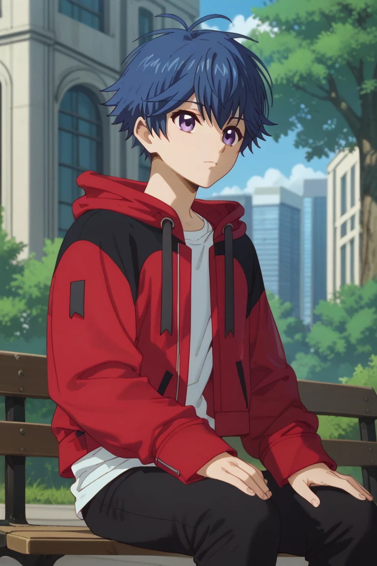 score_9, score_8_up, score_7_up, score_6_up, yu-yu kondo, blue hair, purple eyes, official style, red hooded jacket, white shirt, open jacket, 1boy, male focus, solo, sitting, bench, jacket, tree, outdoors, shirt, building, hood, cloud, pants, bush, black pants, sky, hoodie