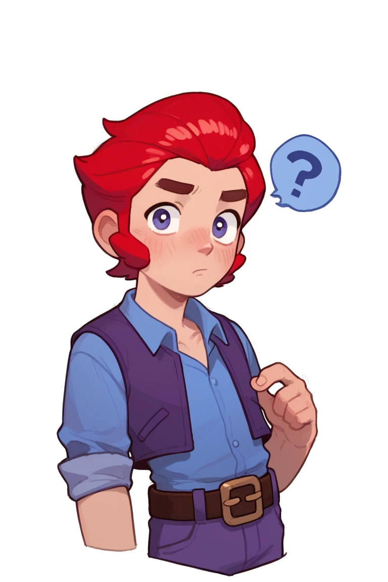 Score_9, Score_8_up, Score_7_up ,possummach, bscolt  ,1boy ,red hair, short hair, blue shirt, purple vest, belt, purple pants ,blush, confused, ???, solo, looking at viewer, simple background, white background