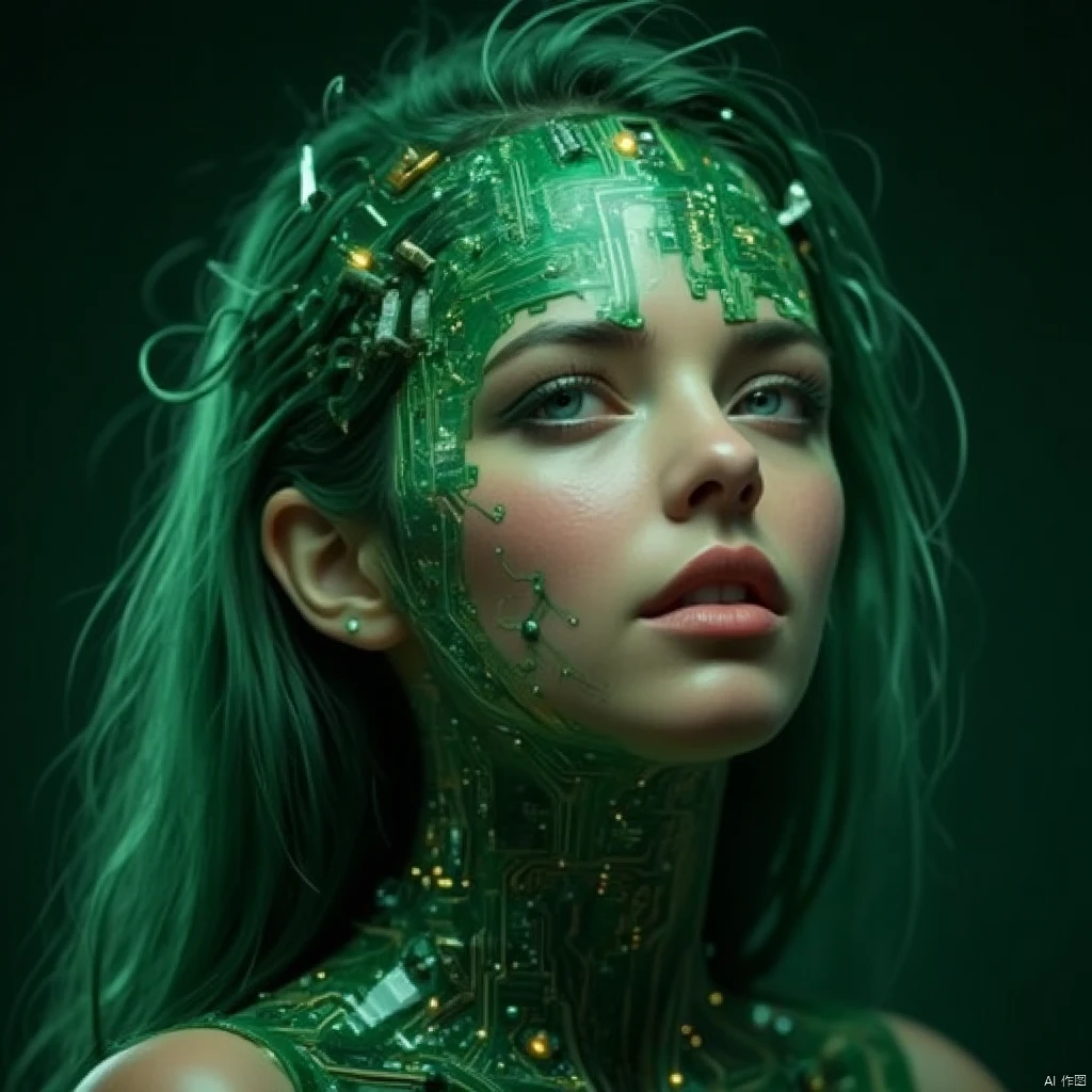 Chip implantation
a woman's face is adorned with a green circuit board headband. The headband is made up of a series of green and white circuit boards
adding a pop of color to the otherwise monochromatic image. The woman's eyes are a piercing blue
her lips are a darker pink
her hair is a vibrant shade of green
and her hair cascades down to her shoulders. The background is a dark green
creating a stark contrast to the woman's head and neck.