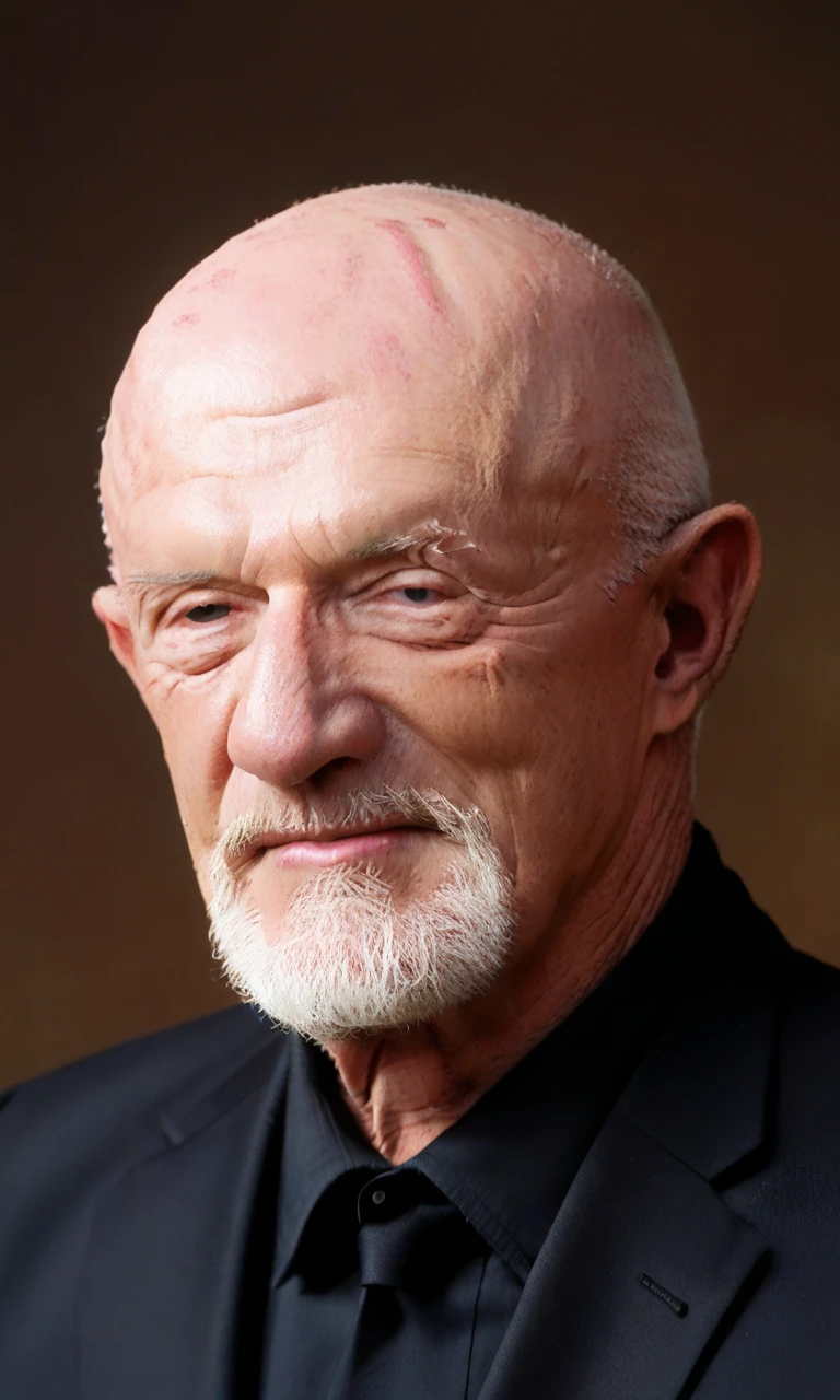 (detailed face:1.2),source_photo,score_9, score_8_up, score_7_up,solo,1boy,Jonathan banks,1boy, old, old man,bald,upper body,black suit,simple background