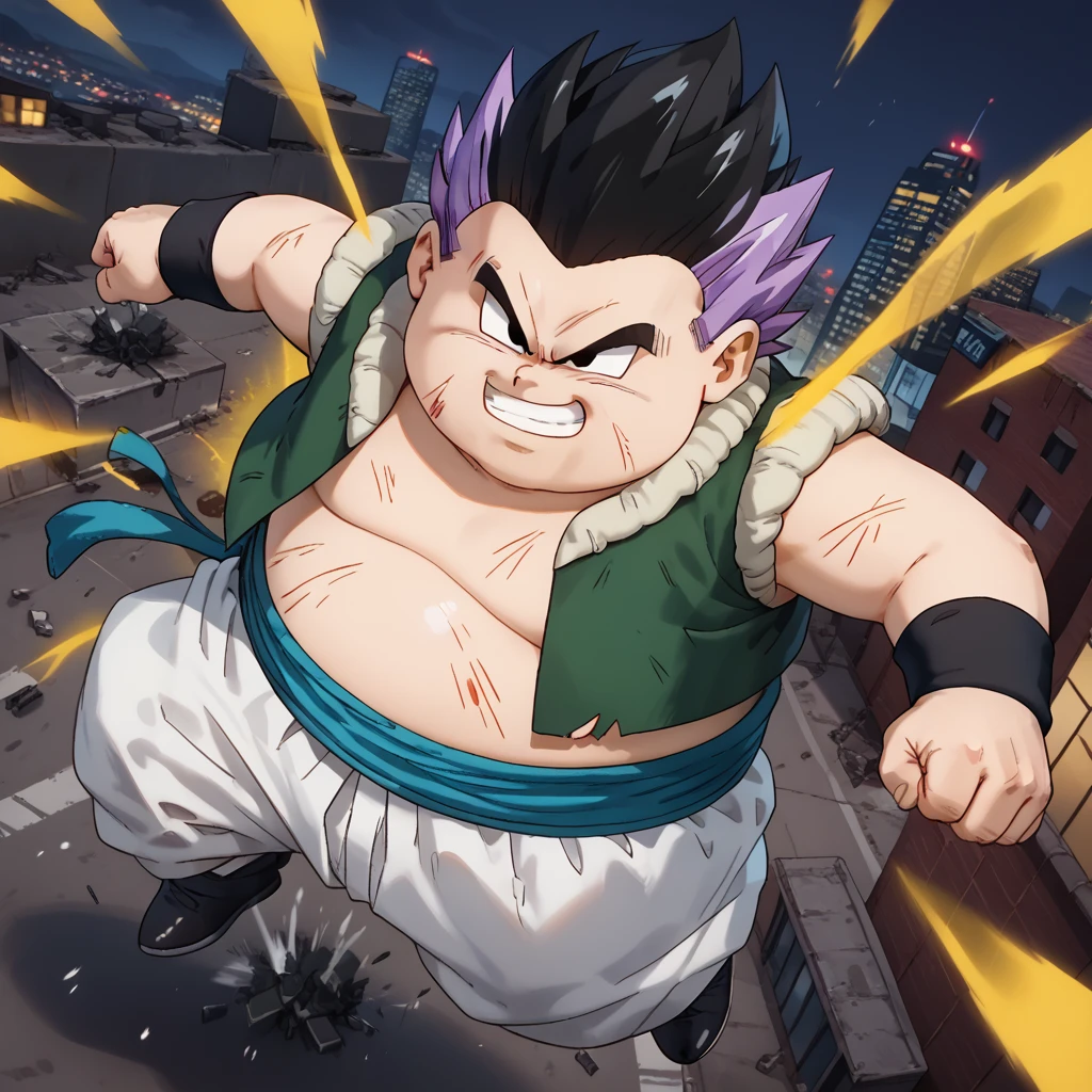 <lora:gotenks-v1:0.8> dbzgotenks, 1boy, two-tone hair, overweight, plump, cub, metamoran vest, baggy pants, sash, black wristband, footwear, fighting stance, injury, flying, city lights, smirk, clenched teeth, dutch angle, solid circle eyes, looking at viewer, from above, full body, yellow aura, male focus, flying, long shot, destruction,, score_9, score_8_up, score_7_up, score_6_up, score_5_up, score_4_up