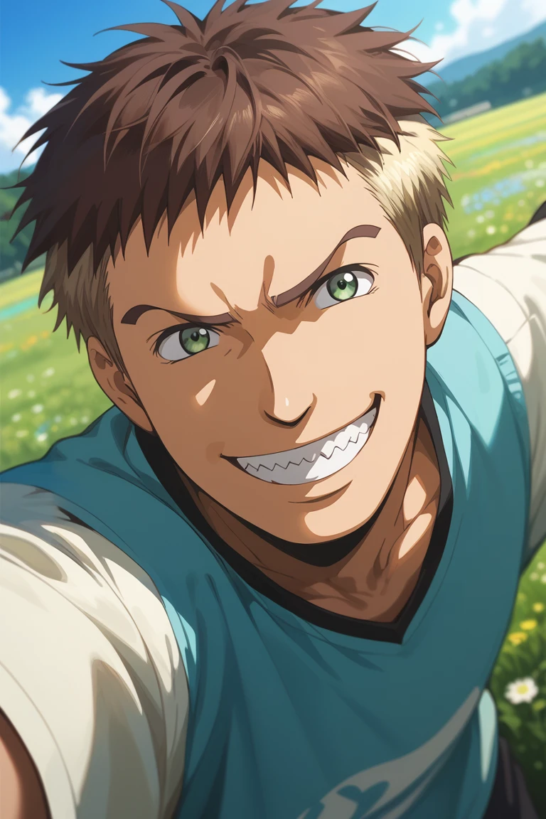 score_9, score_8_up, score_7_up, source_anime, rating_safe, day, natural lighting, male focus, selfie, outstretched arms, smiling, TerasakaAC, brown-blonde_Terasaka_two-tone short hair, green_Terasaka_eyes, oversized arms, teeth, grin, happy, 1boy, blurry outdoors grass, flowers, from above, dutch angle, intricately detailed illustration, atmospheric perspective, depth of field, realistic shading