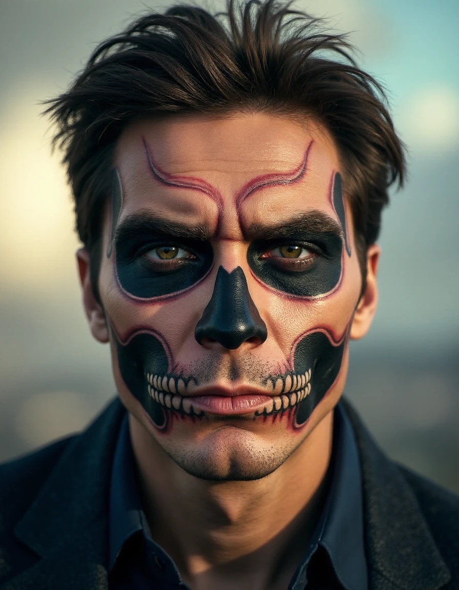 long shot scenic professional photograph of super man  <lora:skullmakeup:1> skullmakeup, perfect viewpoint, highly detailed, wide-angle lens, hyper realistic, with dramatic sky, polarizing filter, natural lighting, vivid colors, everything in sharp focus, HDR, UHD, 64K