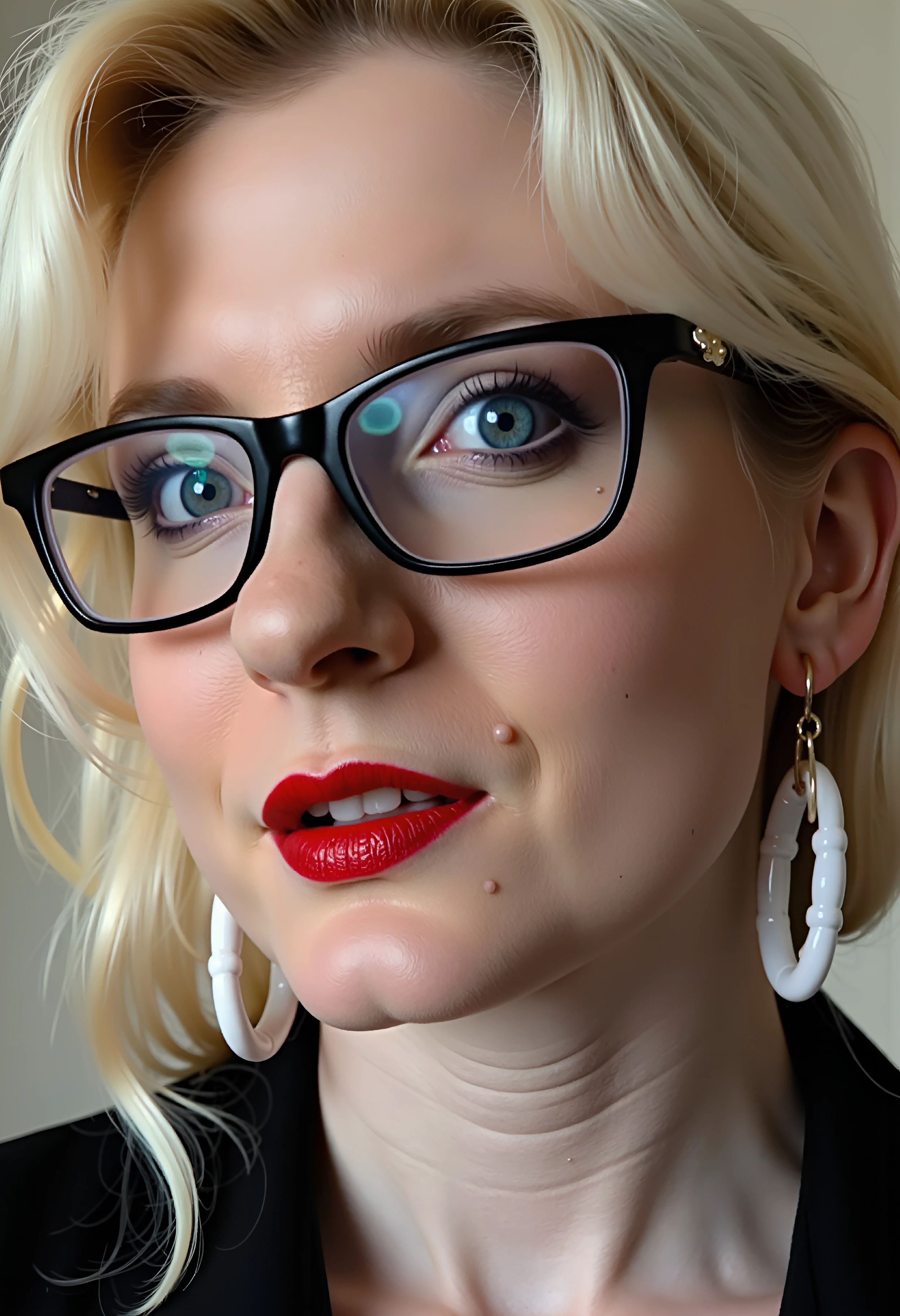 A closeup portrait of beautiful caseydeluxe. She looks realy curious at the viewer while there is a perky grin in her eyes.  amazing beautiful face, big erotic eyes, lipstick, eye shadow, blonde hair, big kinky white plastic earrings, tiny rectangular black metal glasses. , <lora:flux_model_casey deluxe_caseydeluxe_1200:1>, , , , ,