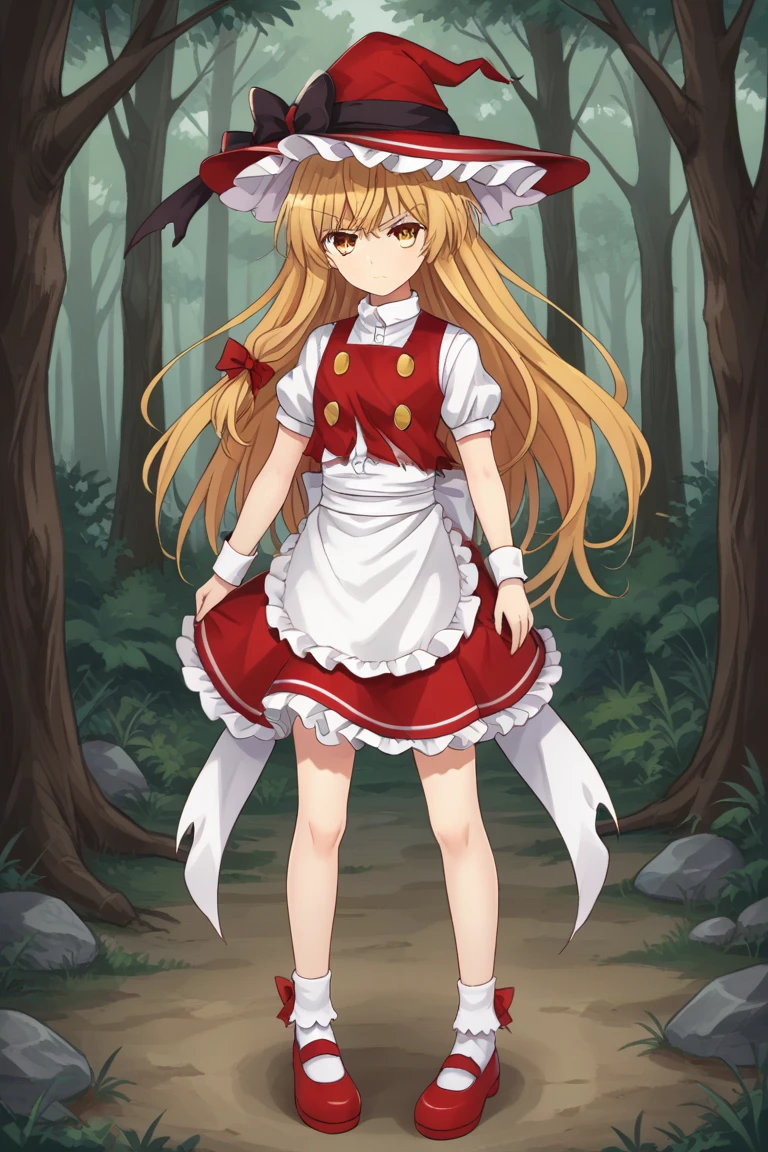 1girl, solo, marisawosd, blonde hair, long hair, yellow eyes, witch hat, hair bow, hat bow, white shirt, short sleeves, puffy sleeves, red vest, torn vest, buttons, wrist cuffs, waist apron, red skirt, socks, red mary janes, full body, standing, serious, outdoors, forest,