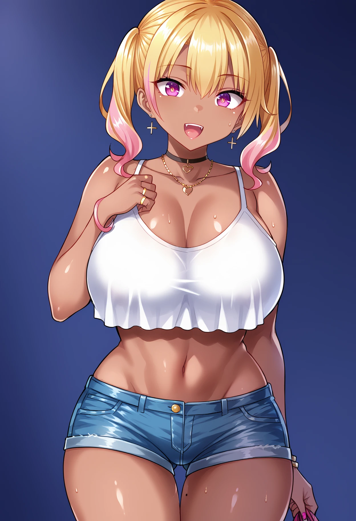 1girl,<lora:Ichinomiya_Yuu:1>,crop top,jean shorts,gyaru