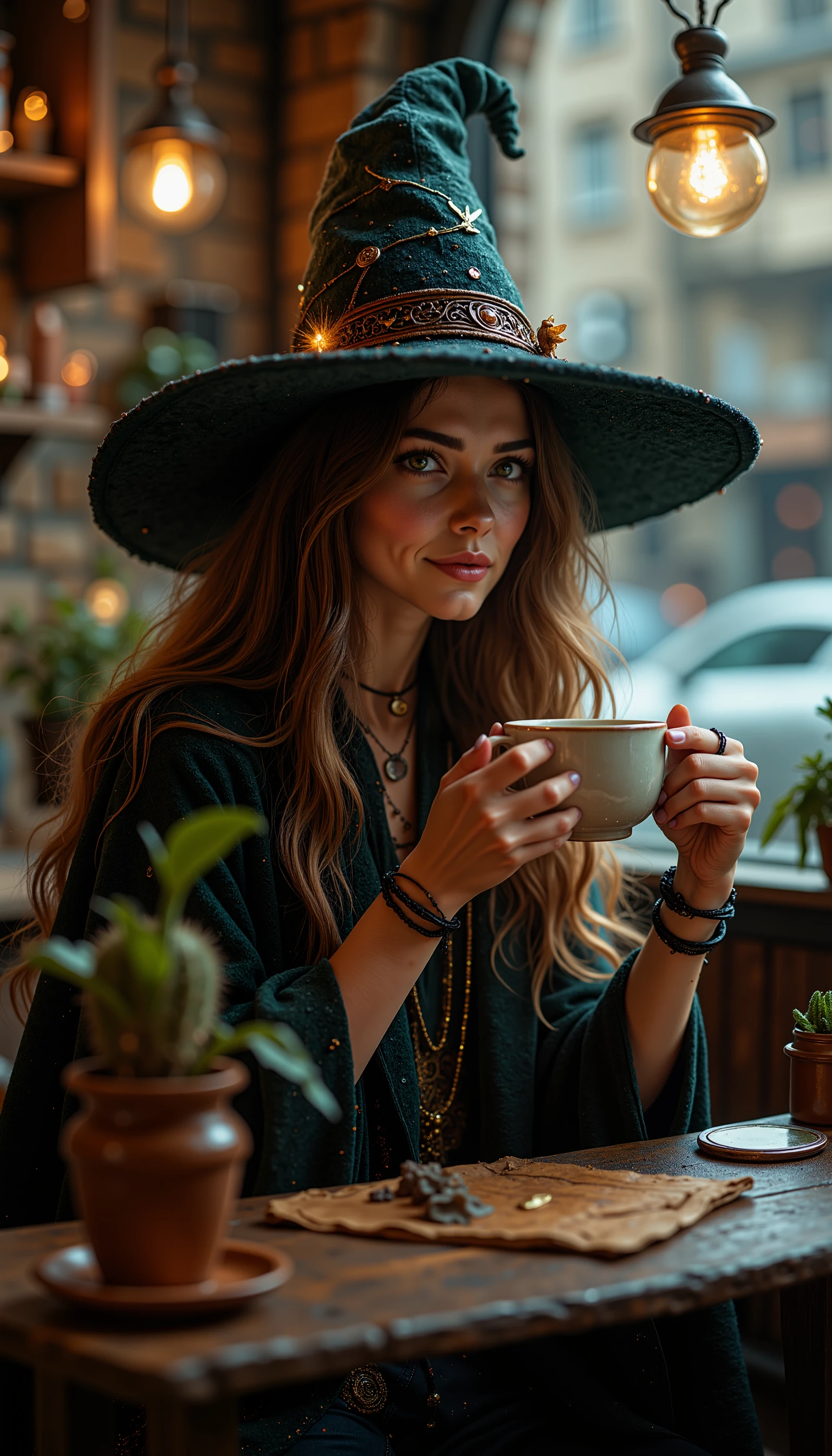 Witch in a coffee shop having a coffee and contemplating her spells., <lora:Flux_Witch_Hats_local_v1.safetensors:1.0:1.0>