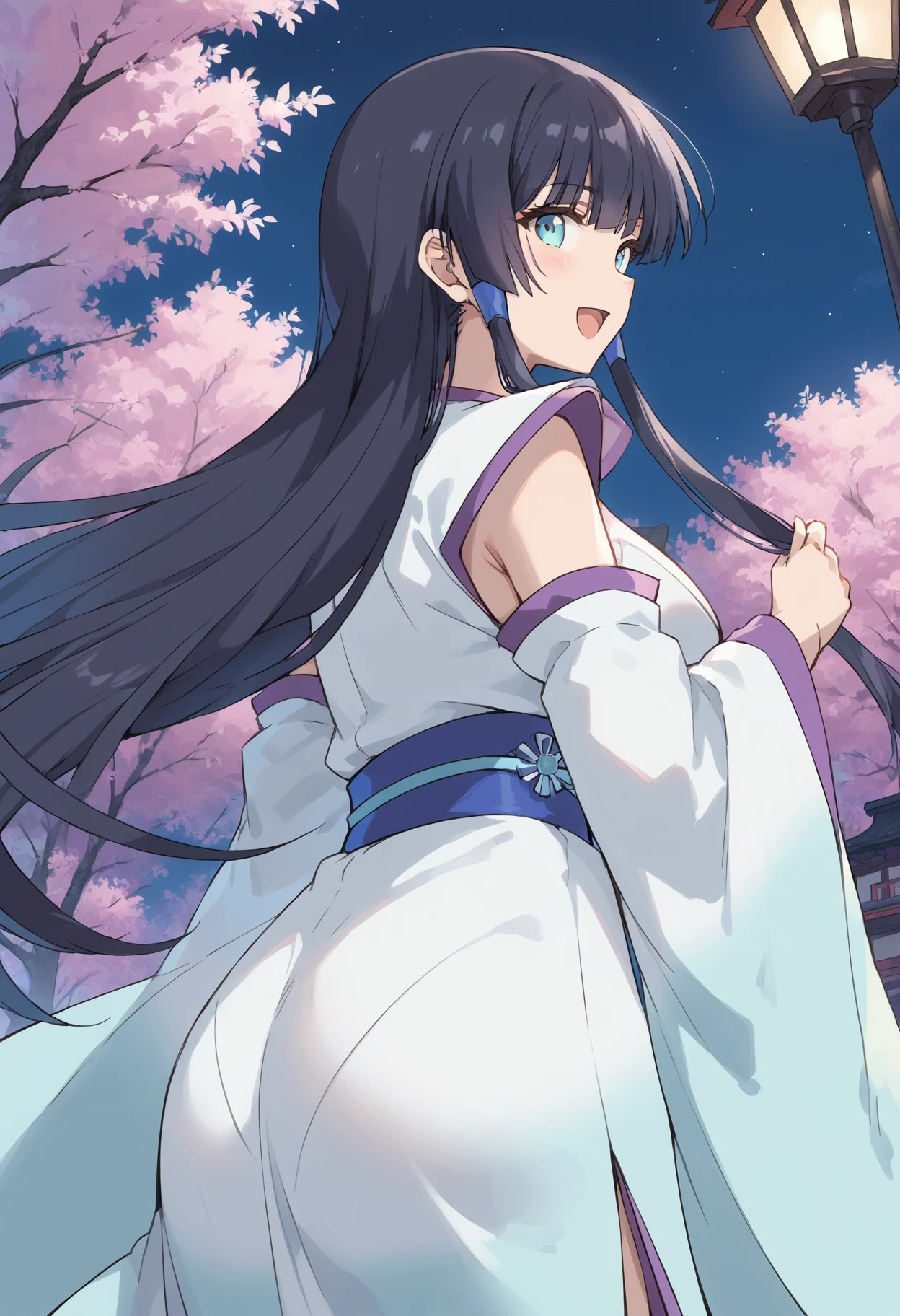 score_9, score_8_up, score_7_up, , source_anime, freezingastaroth,, 1girl,  solo,, black hair, huge breasts, , wide sleeves, detached sleeves, sleeveless kimono, hair tubes, very long hair, blunt bangs,, sidelocks, ,  cowboy shot, hime cut, smile, from behind,  looking back,  night, open mouth, <lora:freezingastaroth_pony-000011:1>