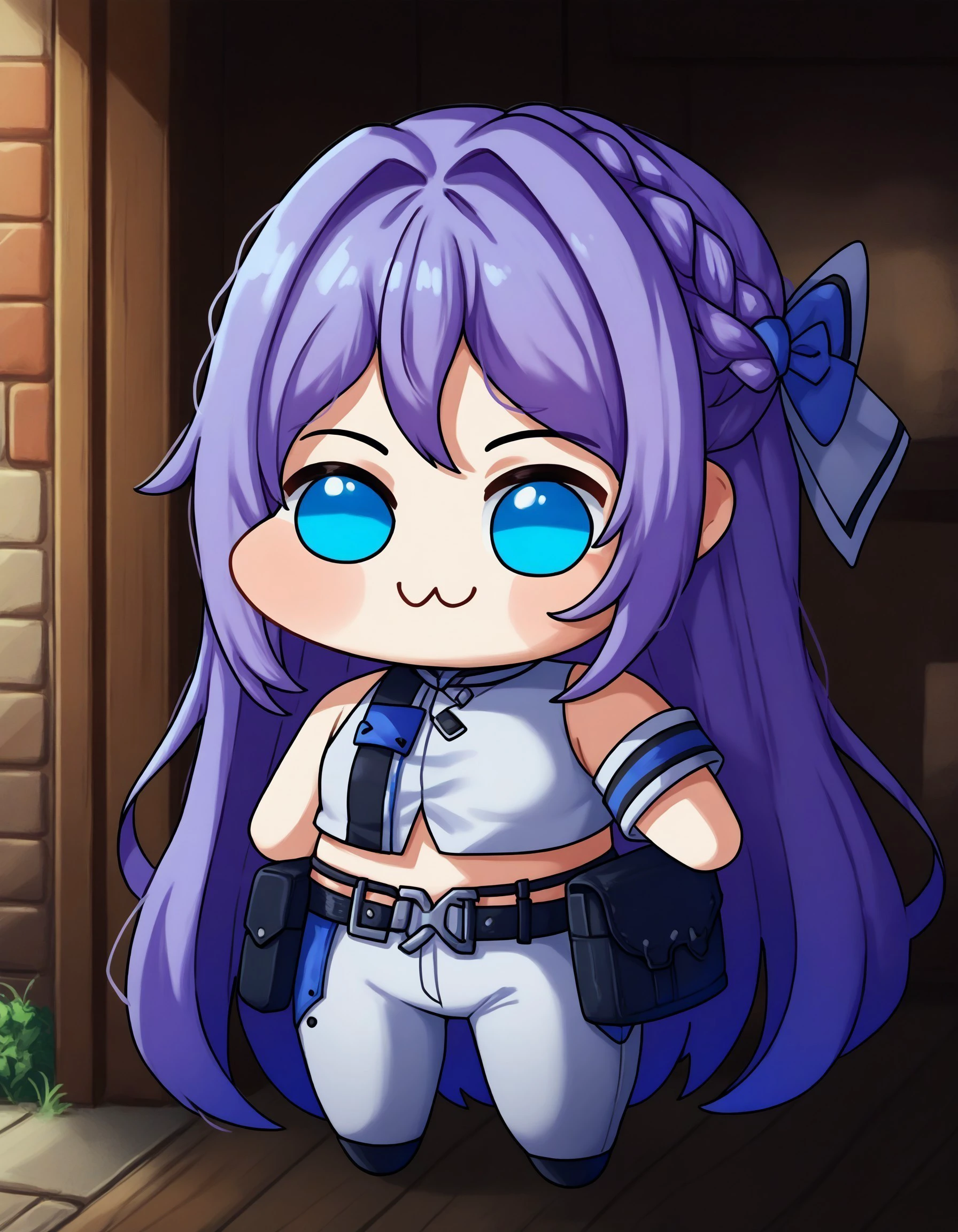 score_9, score_8_up, score_7_up, source_anime,
BREAK solo, fkwgdef, long hair, french braid, purple hair, hair bow, blue bow, blue eyes, crop top, armband, white pants, black belt, belt pouch, no pupils, four legs, white skin, (doro, no humans, chibi), solid circle eyes, :3, (creature),
<lora:folkwangnikke-pdxl-ravenfoot-v1-CAME:1>, <lora:Doro_X_PDXL_V1:1>