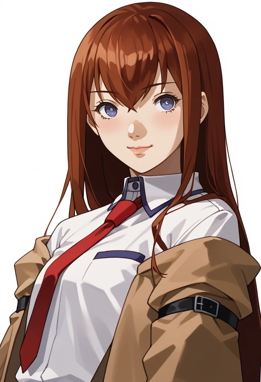 score_9, score_8_up, score_7_up, source_anime, 1girl, solo, smile, closed mouth
<lora:zs_SoulHackersPortraitsXL:1> soulhackersportraits, portrait, white background
<lora:steinsgate_makise_ponyXL:1> makise kurisu, brown jacket, off shoulder, white shirt, red necktie,