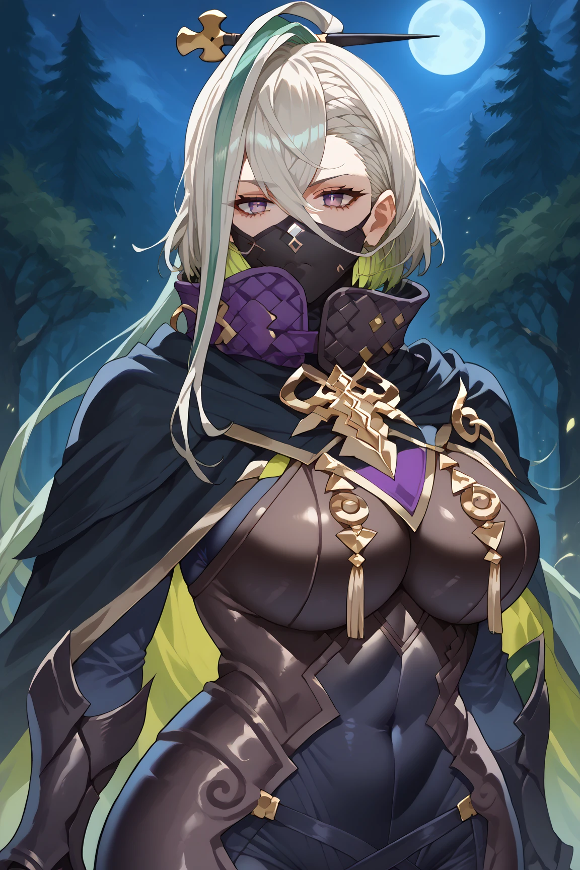 score_9, score_8_up, score_7_up, score_6_up, source_anime, solo, 1girl, mature female, asc1huyanzhou, white hair, streaked hair, green hair, multicolored hair, very long hair, purple eyes,  black bodysuit, armored boots, black mask, mouth mask, black cape, high collar, night, forest, cowboy shot <lora:HuyanZhuoPony:1>