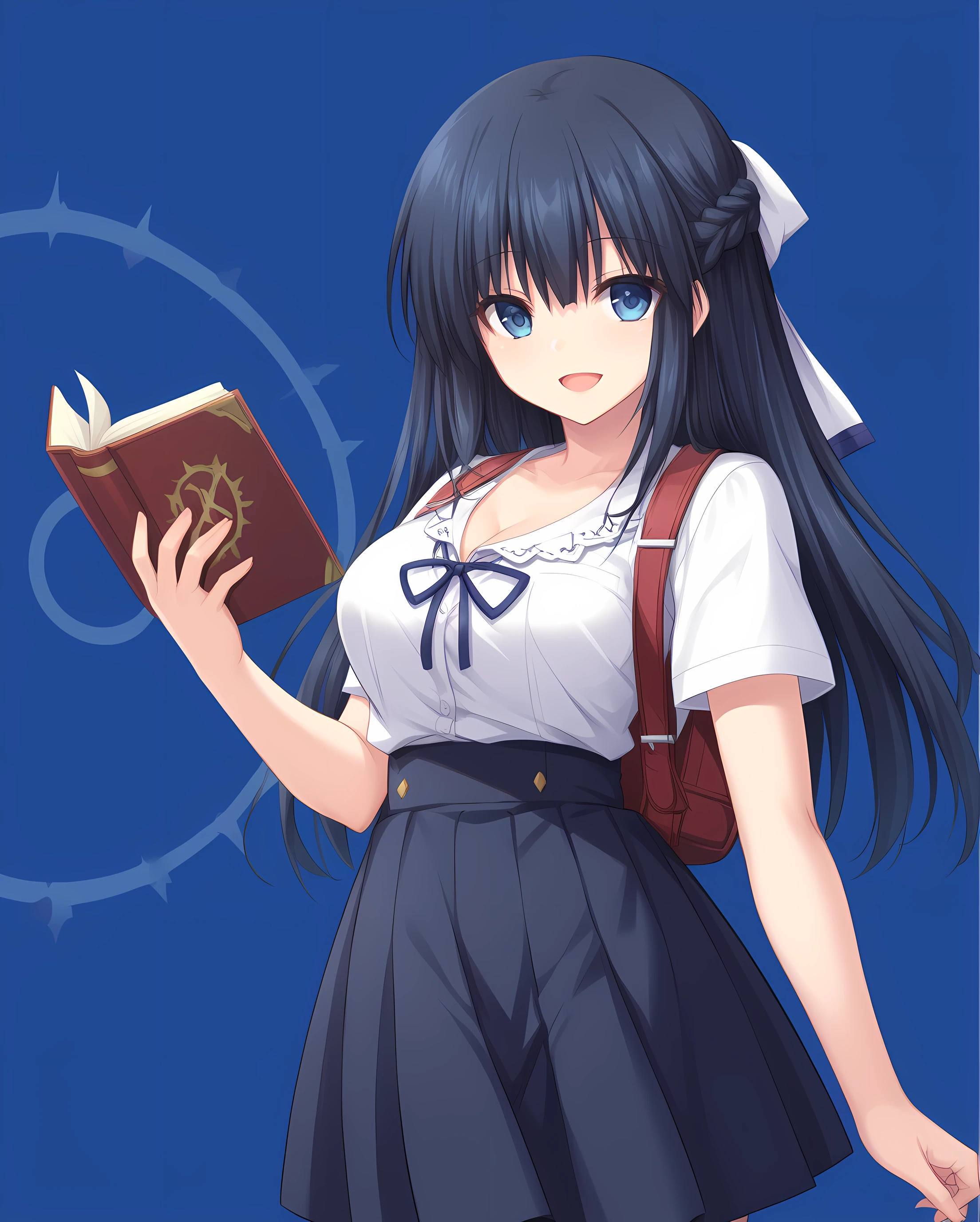 school uniform,cleavage,backpack,holding book,dress,skirt,happy,cowboy shot,walking,eushully,liselle,long hair,black hair,blue hair,large breasts,blue eyes,half updo,braid,<lora:Eushully_Liselle_Madou_Koukaku_EP10:0.85>,, score_9, score_8_up, score_7_up,source_anime,(masterpiece),(best quality),(ultra-detailed),(best illustration),(best shadow),(absurdres),(detailed background),(very aesthetic),source_anime