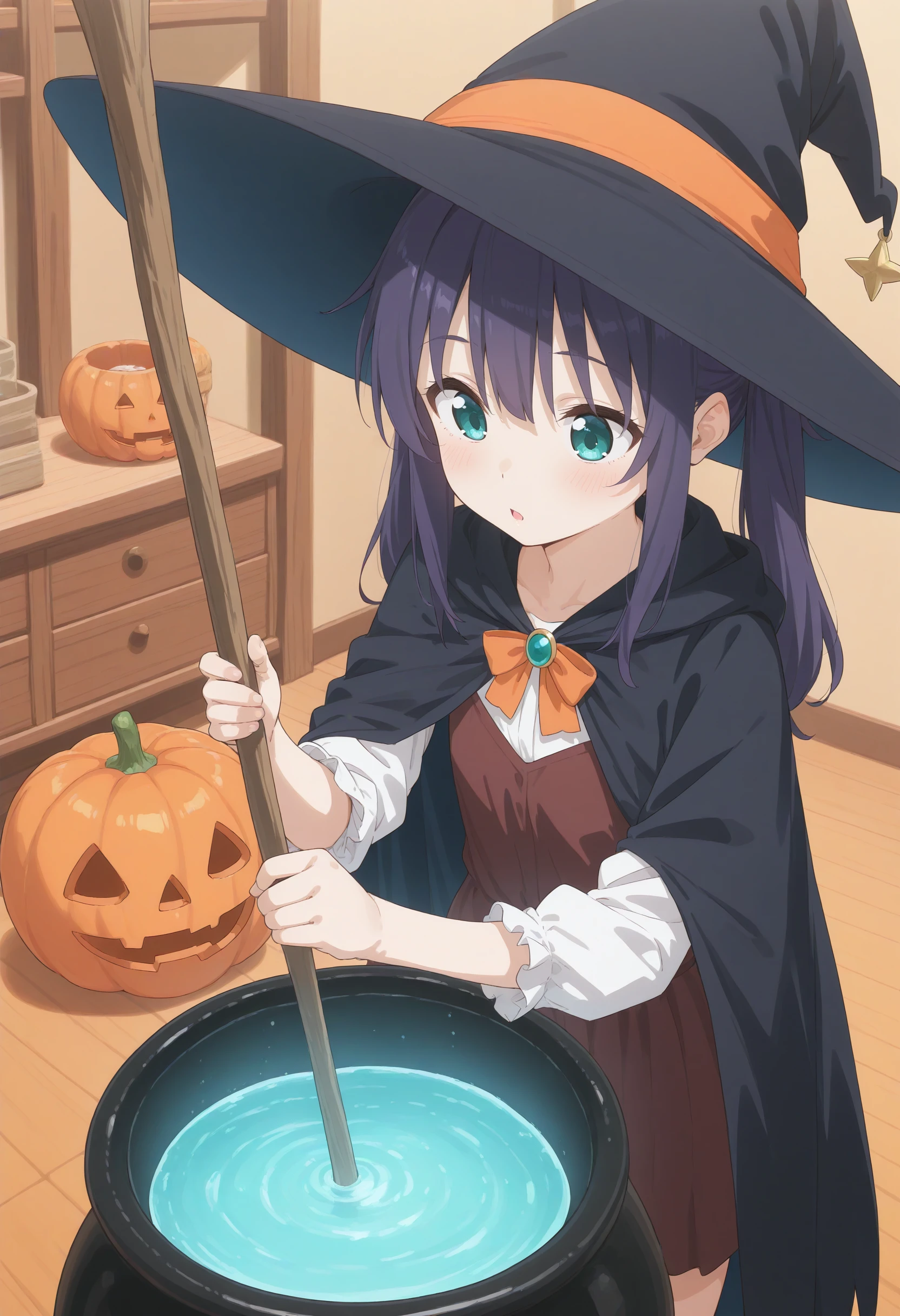 1girl,(sho \(sho lwlw\):0.7),(toosaka asagi:0.5),(sincos:0.3),solo,
masterpiece,best quality,absurdres,detailed skin,anime colored,anime screencap,official art,
stirring, cauldron, holding, witch hat, standing, witch, indoors, fire, staff , halloween ,jack-o'-lantern,halloween costume, cape,night, <lora:stirring_XL_v1:0.8>
from above, cowboy shot, looking down, purple hair, aqua eyes,confused, open mouth, twintails hair,,