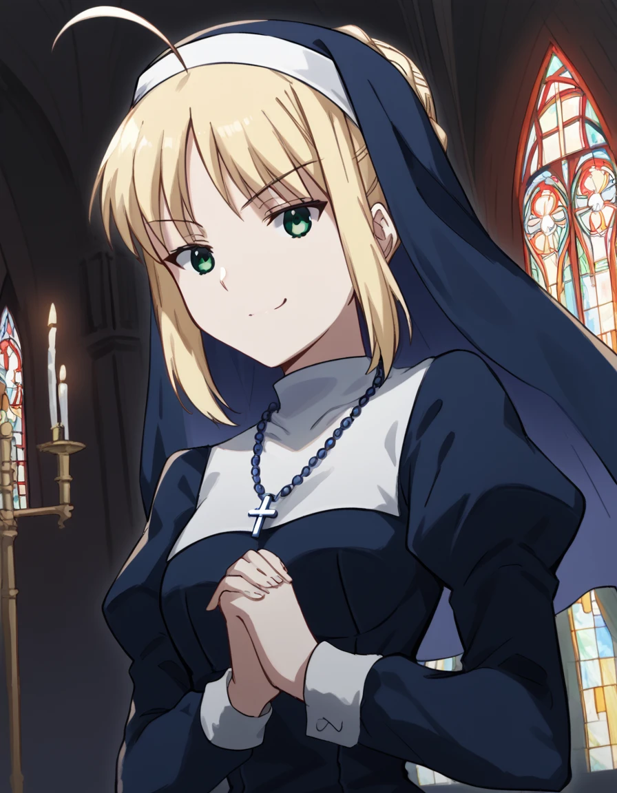 score_9, score_8_up, score_7_up, source_anime, <lora:carnivalphantasm-arthoria-pendragon-ova-ponyxl-lora-nochekaiser:1>, arthoria pendragon, artoria pendragon (fate), saber, blonde hair, green eyes, ahoge, sidelocks, hair bun, single hair bun, braid, french braid, medium breasts,, <lora:traditional-nun-ponyxl-lora-nochekaiser:1>, traditional nun, nun, habit, long sleeves, dress, black dress, jewelry, black veil, cross, cross necklace,, church, smug, praying,, , dutch angle, cowboy shot