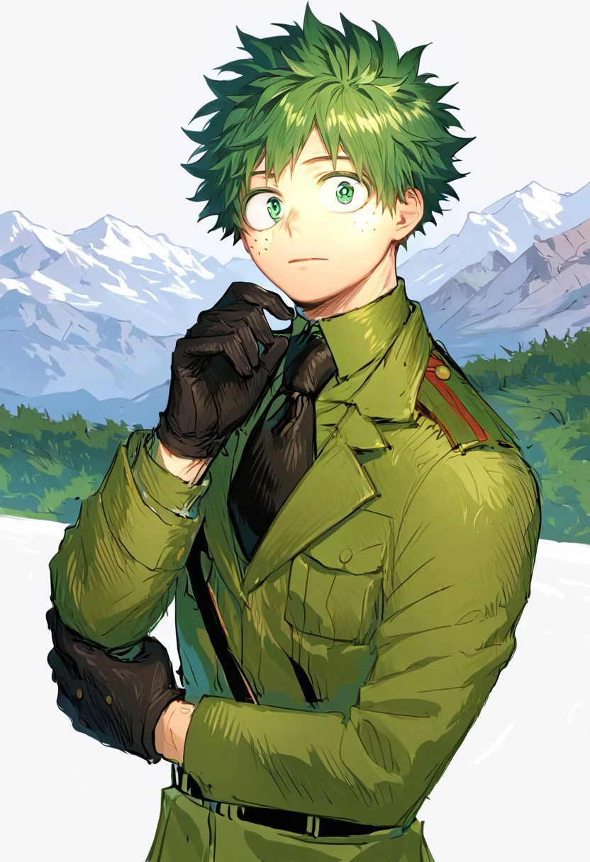 score_9, score_8_up, source_anime, highly detailed, highly detailed eyes, 
 black necktie, male focus,black gloves,solo, military, military uniform,deku,green hair,green eyes,short hair,freckles,professional portrait, mountain, nature,mountainous horizon, standing, full body, portrait frame