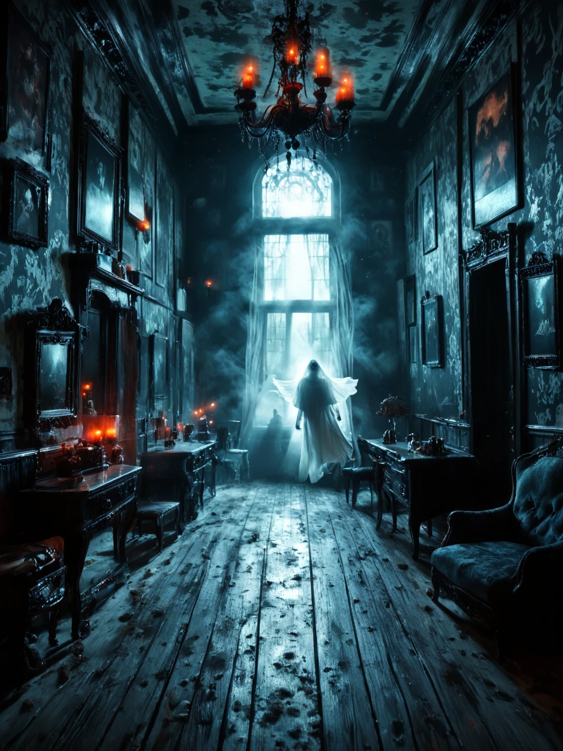 score7_up, <lora:Misty-Halloween_pXL_LOREVER-000010:1> hallomist, Photography of a ghost, indoors, in an old manor, it floating to the viewer, mist, strange atmospher,  in the night, dark scenery,  detailed realistic architecture, perfect contrasts, detailed shadows, low key lighting