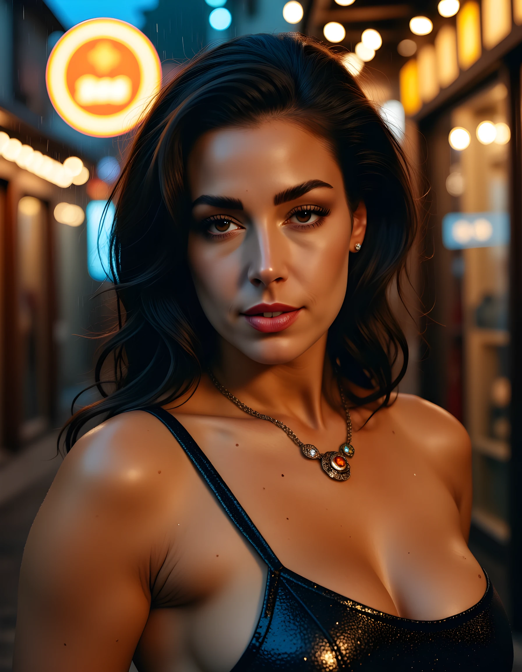 In a gritty, noir-inspired scene, D3N1C3A, a striking woman with brown eyes framed by thick, black hair and flecks of freckles on her nose, stands defiantly against the backdrop of a dimly lit, rain-soaked city alley. Her lips are painted a bold red, contrasting sharply with her closed eyes that bear a single, captivating mole just below the left one. A delicate necklace adorned with intricate jewels rests upon her bare shoulders as she wears nothing but a shimmering, one-shouldered dress that reveals a hint of her toned arm and bicep. Her pearly white teeth flash in a knowing smirk as she gazes directly at the viewer, her eyes filled with an enigmatic intensity, while the background is blurred into a chaotic dance of raindrops and neon lights. The camera is positioned at eye level, capturing her close-up portrait from a slightly angled perspective that accentuates the shadows cast by the streetlight above, creating an evocative and sultry atmosphere that speaks to her mysterious and alluring persona.