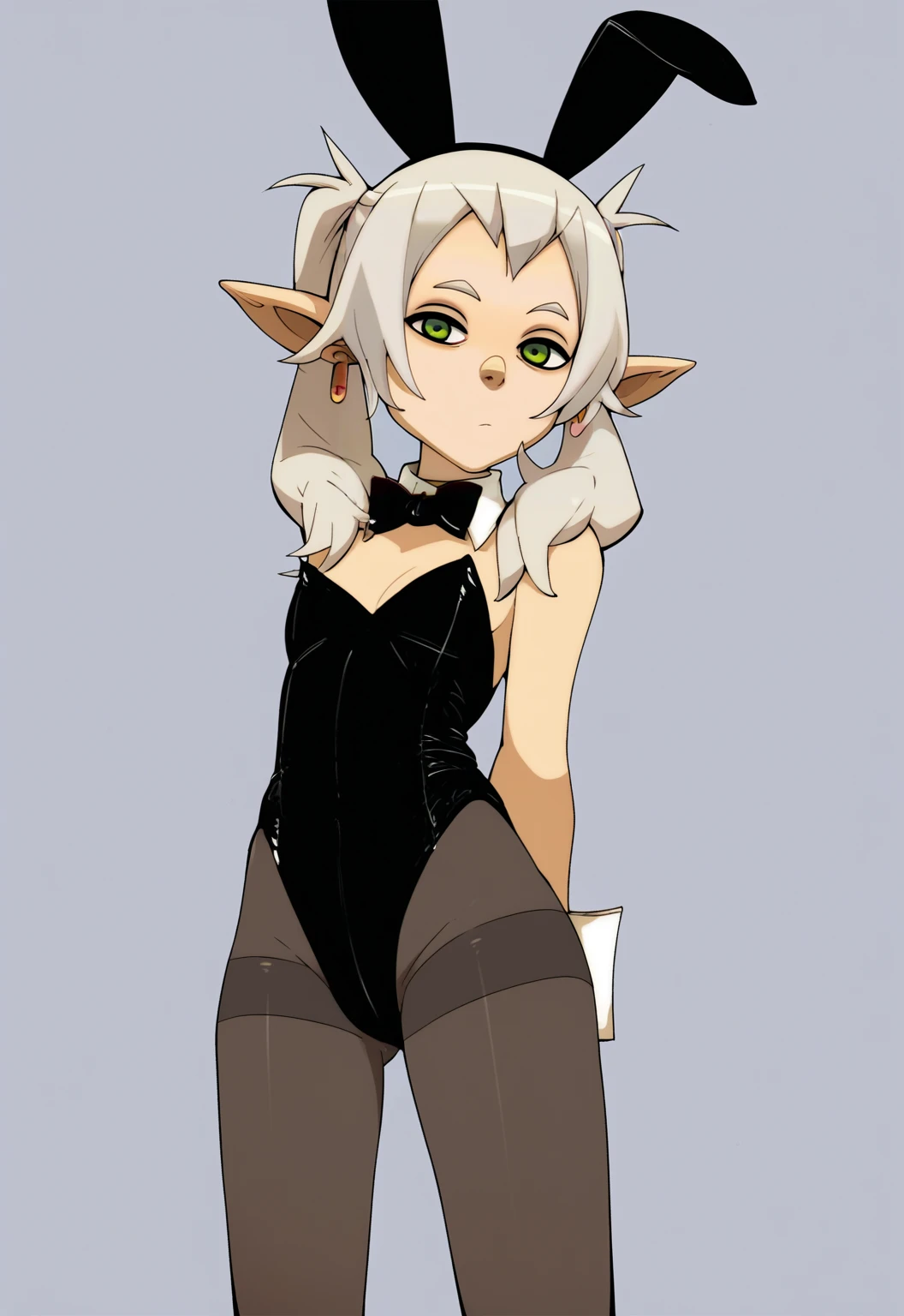 score_9, score_8_up, score_7_up, score_6_up, score_5_up, score_4_up, wakfu, BREAK, 1girl, frieren wearing a playboy bunny outfit, green eyes, grey hair, twintails, pointy ears, eyebrows, earrings, strapless leotard, pantyhose, arms behind back, expressionless, standing, looking at viewer, solo, simple background, white background <lora:FrierenXL:0.8> <lora:WakfuPDXL_byKonan:1>