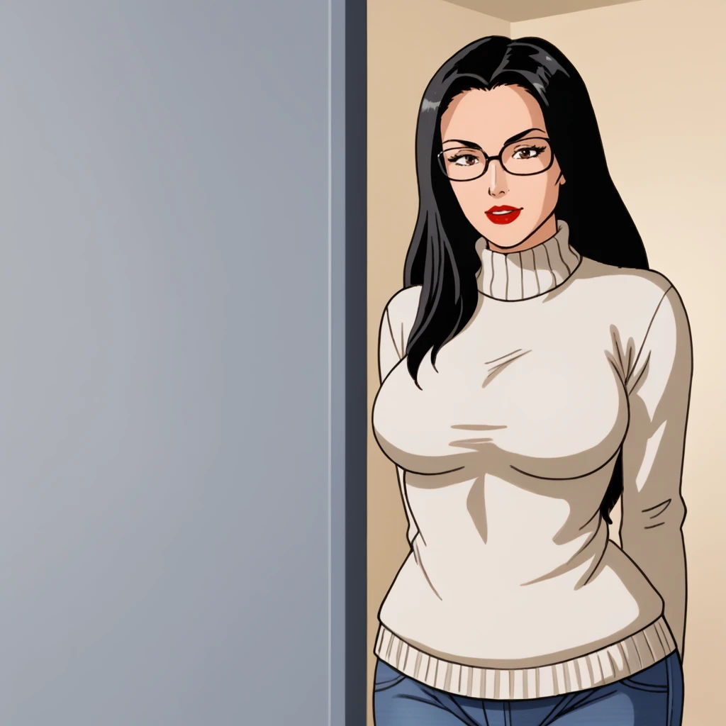 <lora:BaronessGiJoe_pony_v1:0.75> Baroness, 1girl, black hair,  glasses, lipstick, large  breasts, long hair, makeup, red lips, retro artstyle,  1980s (style), cowboy shot, sweater, jeans