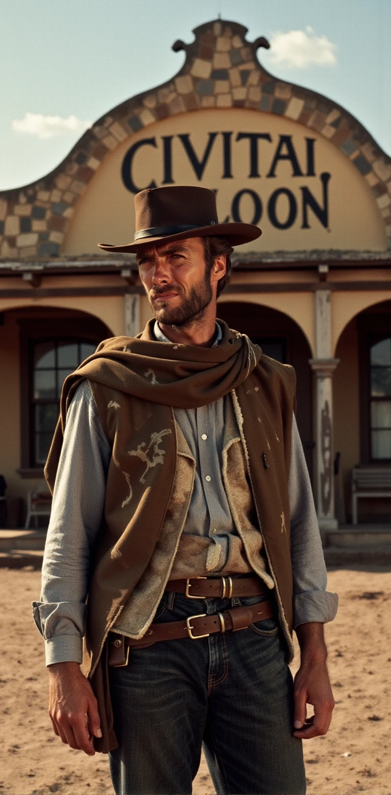 The man with no name is wearing a cowboy outfit and a hat. he is standing in front of a farwest saloon with the text "CIVITAI Saloon". <lora:The_man_with_no_name:0.9>