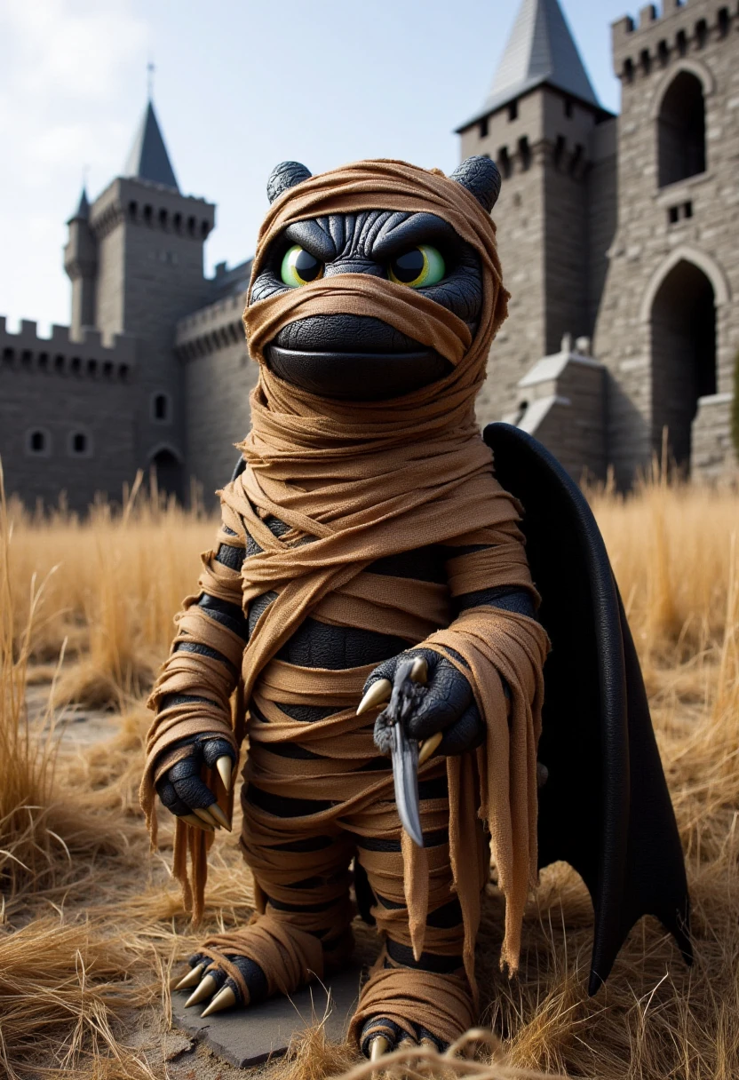 <lora:Mummifier_FLUX:0.9> 
The image is a realistic photo featuring Night Fury from How to Train Your Dragon dressed as a mummy outside of a medieval castle.