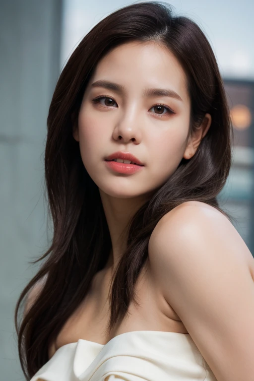 masterpiece, best quality, ultra-detailed, ultra high res, (photorealistic:1.4), raw photo, (realistic:0.2), 8k HDR, realistic cool temperature lighting, (asian:0.2), 1girl, solo, asymmetrical hair, outdoor, day, (simple gray background:1.2), bokeh, (detailed lips), (detailed pores), (detailed skin textures with pinkish tinge), (detailed face:1.2), (upper body:1.2), a woman in a white strapless tube dress, promotional image, a character portrait,