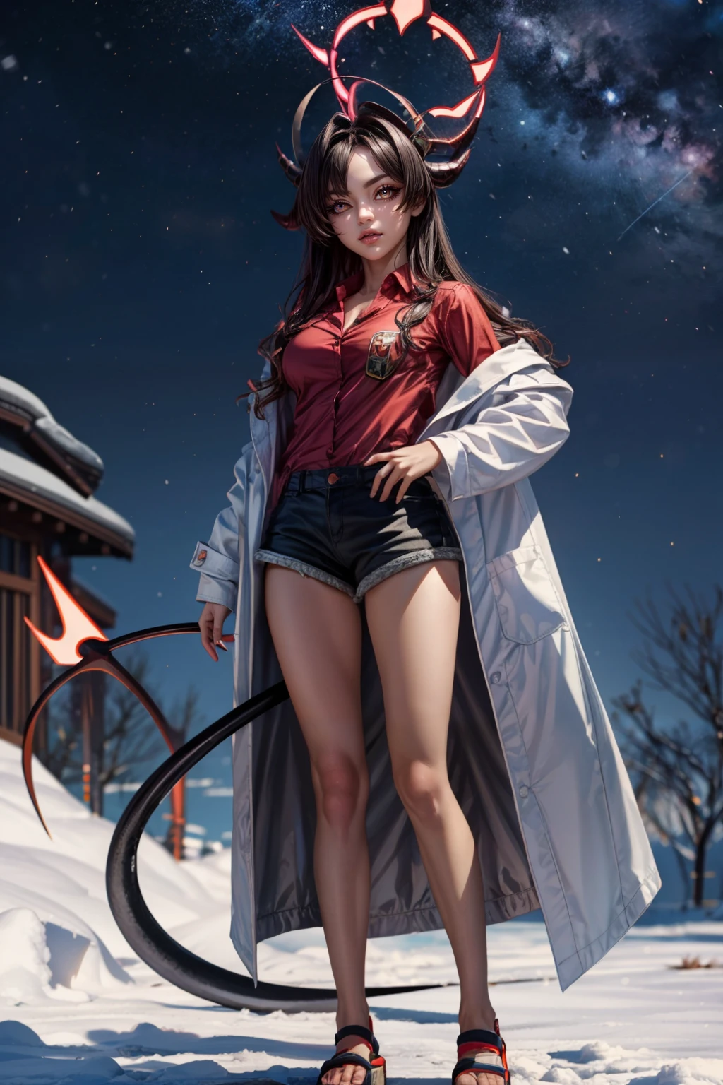 (ultra realistic,32k, masterpiece:1.2),(high detailed skin:1.1),( high quality:1.1), <lora:IllyasvielVonEinzbern_v1:0.7>, zzIllya, looking at viewer, night, outdoors, snowing, sky, BREAK,    <lora:Kasumi_BlueArchive_Citron:0.8>, zzKasumi, black hair, demon horns, long hair, ahoge, halo, black horns, red halo, tail, yellow eyes, demon tail, black tail, fang, black shorts, collared shirt, lab coat, sandals, shirt tucked in, white coat,   ,BREAK,  blooming stars, luminescent petals, otherworldly fragrance blurry background, (looking at viewer, standing:1.1), huge breast, large breast, <lora:add_detail:0.92>, (glowwave:1.1),