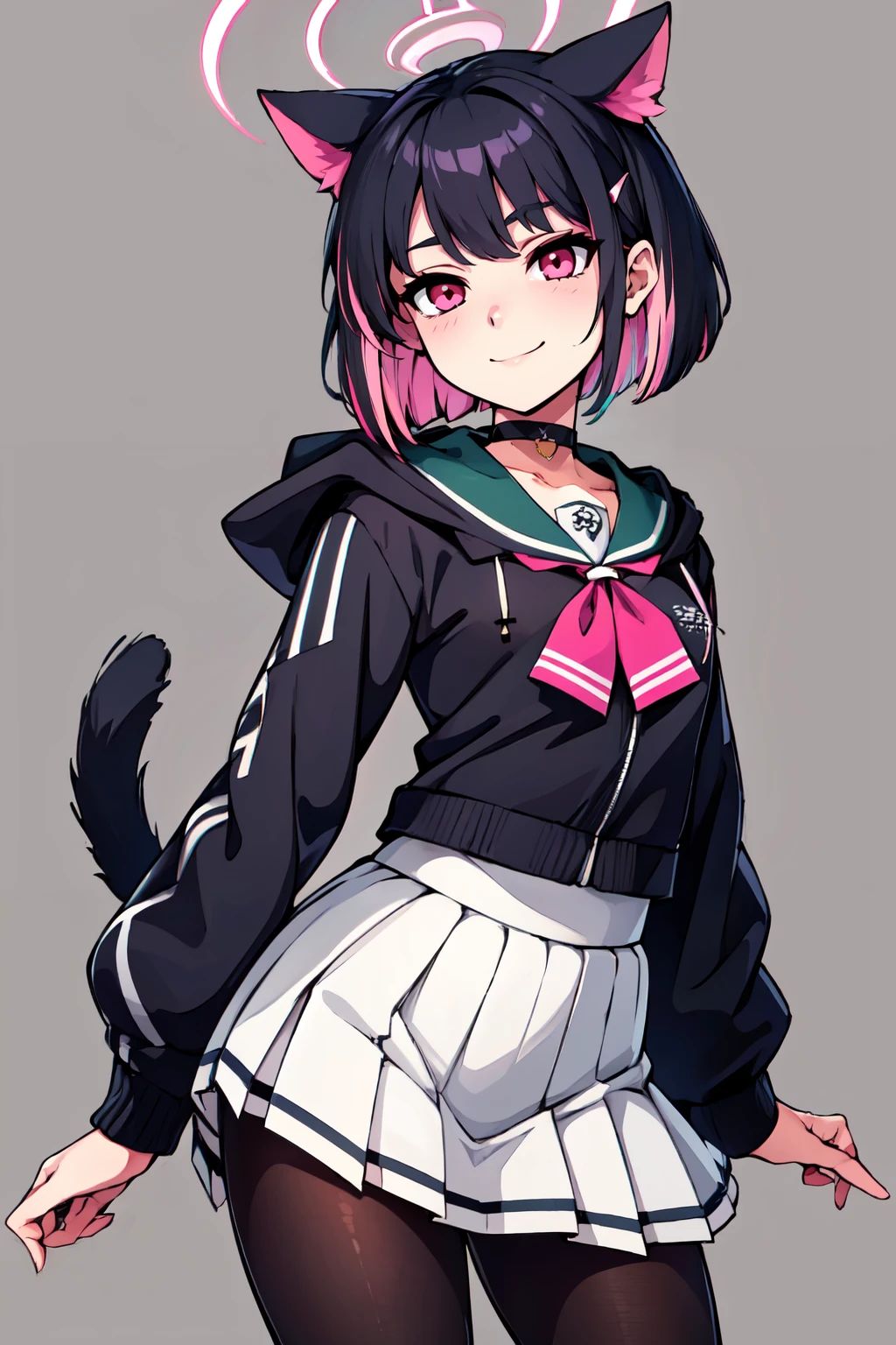 ((masterpiece,best quality)), absurdres,  BREAK, , <lora:Kazusa_BlueArchive_Citron:0.8>,, zzKazusa, black hair, cat ears, animal ears, colored inner hair, multicolored hair, pink hair, short hair, halo, two-tone hair, extra ears, red eyes, hair ornament, hairclip, pink halo, pink eyes, black choker, black jacket, hooded jacket, school uniform, pleated skirt, white skirt, pink neckerchief, black pantyhose, green sailor collar,  , BREAK, hip to the side, contrapposto, cowboy shot,, BREAK, solo, smile, looking at viewer, cowboy shot,