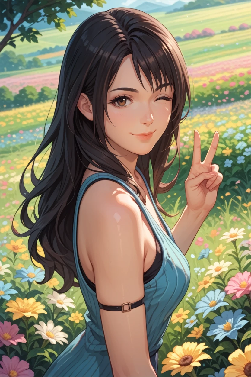 score_9, score_8_up, score_7_up,
<lora:FF8Rinoa:0.8>
FF8Rinoa, 1girl, black hair, brown eyes, long hair, looking at viewer, from side, wink, happy, smile, closed mouth, peace sign, flowers, meadow