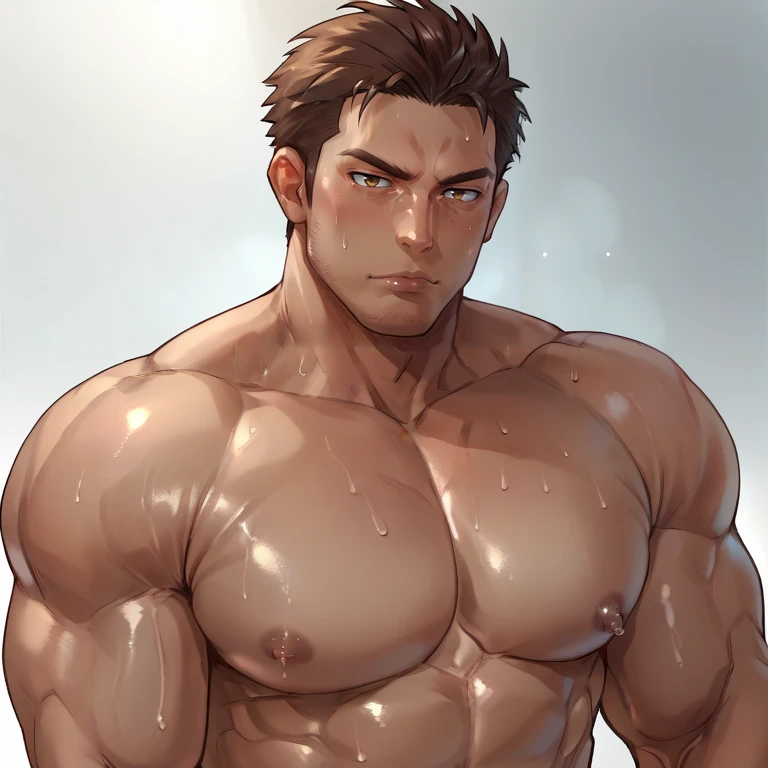 Male 30yo is boy 18 age, couple, overlap one's body. boy is lying on their backs, piledriver, hold by macho man, is inserted. butt crack out white cream is spilling, right eye and their left eye in ecstasy. very short black hair, blush, vulgarity, looking back, tears, heavy breathing, back style, (((boy's face focus))), very sweaty, wet skin, poured excessive sperm on body, nudity, ((masterpiece, best quality)), realistic, moonlight ruins,