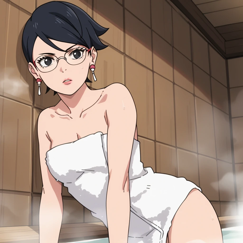 Sarada Uchiha,black hair,short hair,black eyes,glasses,earrings,towel wrapped around his body,naked towel,steam,wooden wall,thermal bath,Anime_screencap,fake_screenshot,score_9,score_8_up,score_7_up, score_6_up, score_5_up,score_4_up,source_anime,fine anime screencap,style parody,official style,anime coloring