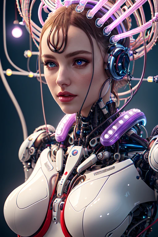 iris van herpen, young woman beautiful face, perfect symmetrical body, inflateble shapes, wires, tubes, veins, jellyfish, white biomechanical details, wearing epic bionic cyborg implants, masterpiece, intricate, biopunk, vogue, highly detailed, artstation, concept art, cyberpunk, octane render