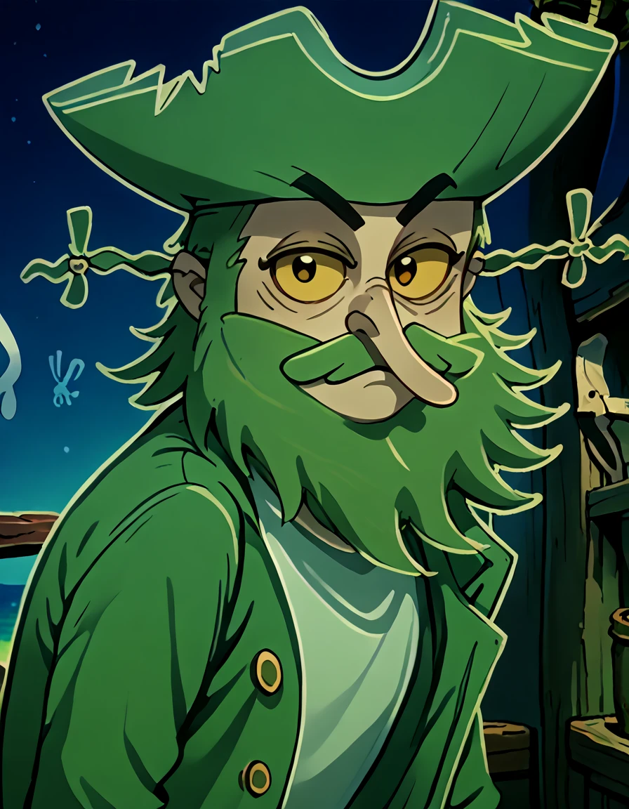 <lora:Flying_Dutchman_PONY:0.9> ghost, pirate, ghost pirate, green-glowing transparent, mustache, transparent, tattered clothes, coat, ghost tail,  portrait, looking at viewer,  upper body,, source_cartoon, score_9, score_8_up, score_7_up, score_6_up, score_5_up, score_4_up,