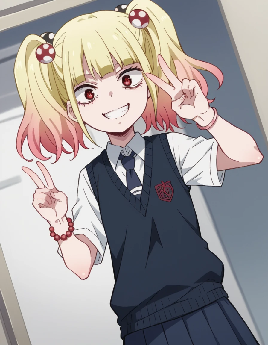 score_9, score_8_up, score_7_up, source_anime, <lora:yuria-niguredou-s1-ponyxl-lora-nochekaiser_r1:1>, yuria niguredou, bangs, blonde hair, hair ornament, red eyes, twintails, pink hair, multicolored hair, gradient hair,, skirt, shirt, jewelry, school uniform, pleated skirt, necktie, bracelet, sweater vest, beads,, laundry day, clothesline, drying clothes, domestic life, fresh air, blue sky, smile, , v, v over eyes,, solo,, dutch angle, cowboy shot