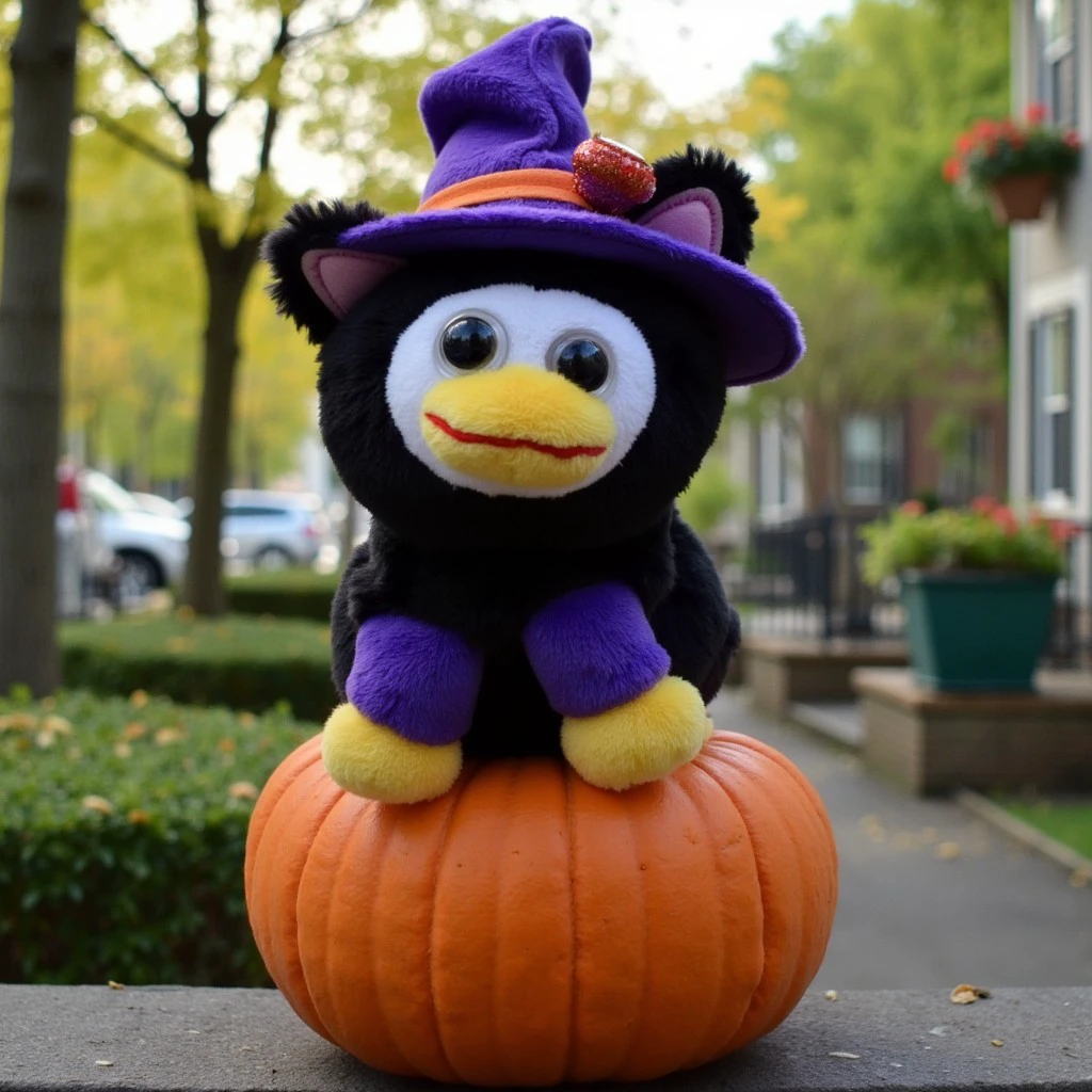 Peepy dressed as a witch on a pumpkin