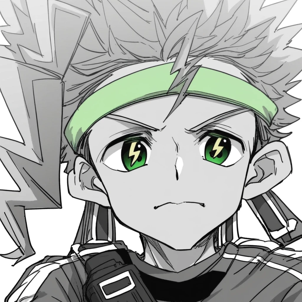 1boy,solo,shieru kaminari,gold hair,tanned skin,spiky hair,green headband,teal eyes,yellow thunder-shaped pupils,gray long sleeves t-shirt,vest bag,yellow comb pattern black baggy pants,manga,grayscale,monochrome