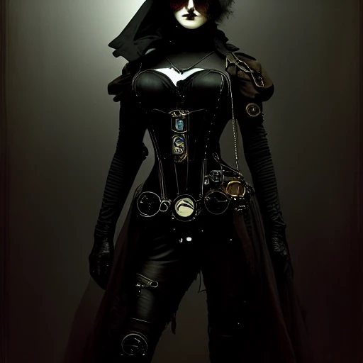 neoclass, Feminine steampunk mechanic goth hero with leather attire, solo, nostalgic cars, dramatic lighting, lush deep shadows, gritty texture, anarchist themes