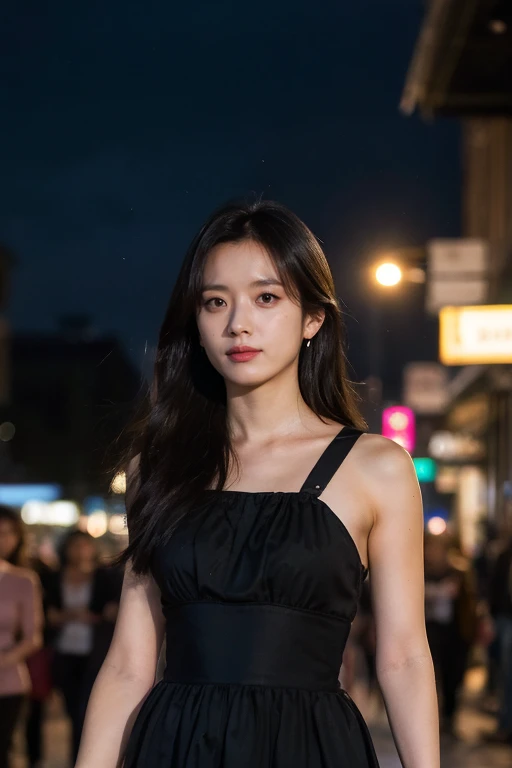 mature, (upper body:1.2), nikon RAW photo, 8 k, long hair, Fujifilm XT3,masterpiece, best quality, realistic, photorealistic, ultra detailed, extremely detailed face, solo,1girl, looking at viewer, standing, close up, black dress, walking, at the dark streets, moonrise, sleeveless, fabric clothes,